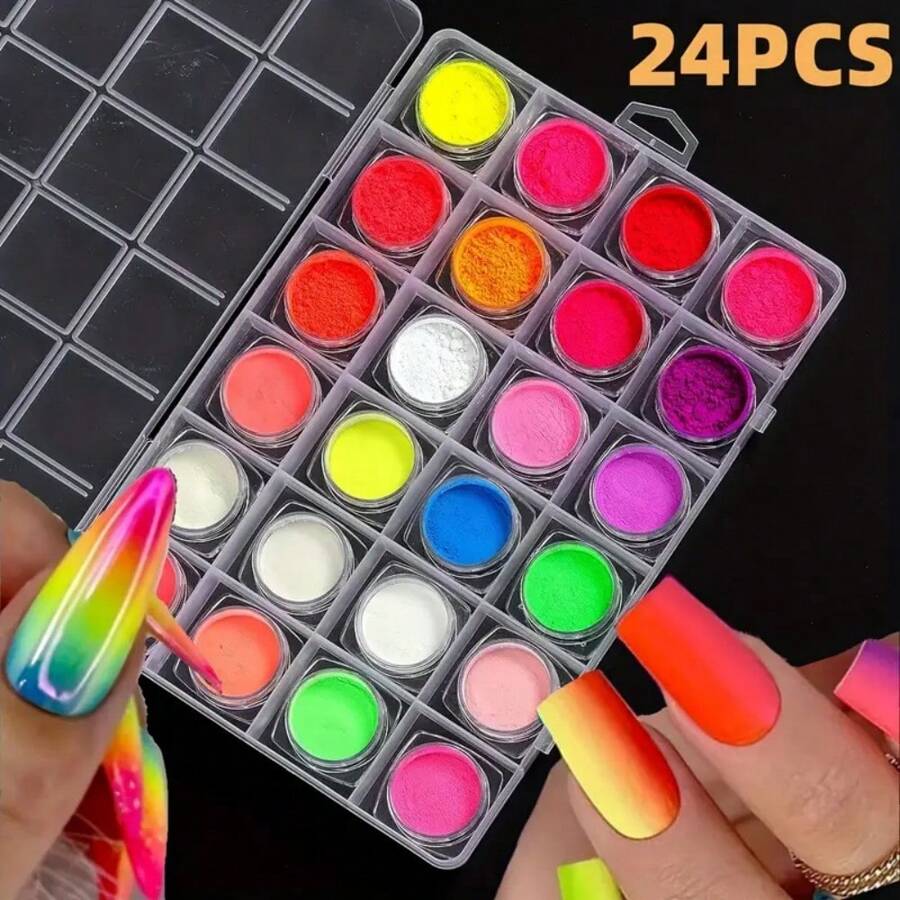 24 Farben Neon-Leuchpuder Geschenkbox-Set aus Harz, Leuchtpulver zum Selbermachen für Nail-Art Deko, Wasserfarben-Nagellack-Bemalung mit Glitzer, lang anhaltend glänzende Nageldekorationen - Nagelstudio für Zuhause