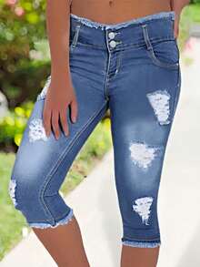 Women's Double Button Zipper Opening Denim Cropped Pants, Distressed Running Pants With Pockets, Women's Jeans And Clothing - Rửa nhẹ - Xem 1