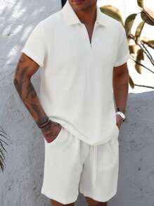 Conjunto informal de 2 piezas de hombre con polo de cuello de collar de tejido jacquard de manga corta + pantalones cortos con cordón