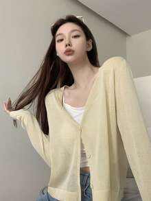 纯色透视长袖开衫，春夏