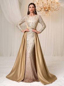 YISIKADO Women's Formal Party Gown, Elegant Luxury Sequin & Satin Long Sleeve Caped Dress