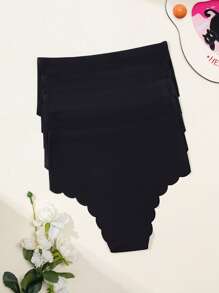 5pcs Women's Seamless Triangle Panties, Solid Black, Fashion & Comfortable, Wavy Hem Design, Casual Daily Homewear Set