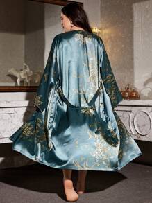 1pc Plus Size Women Floral Print Satin Robe, V-Neck Long Sleeve Sleepwear And Loungewear, Gold Flower Pattern, Machine Washable, Warm & Comfortable For Autumn/Winter Home Decor, For Fall, Cozy Outfit