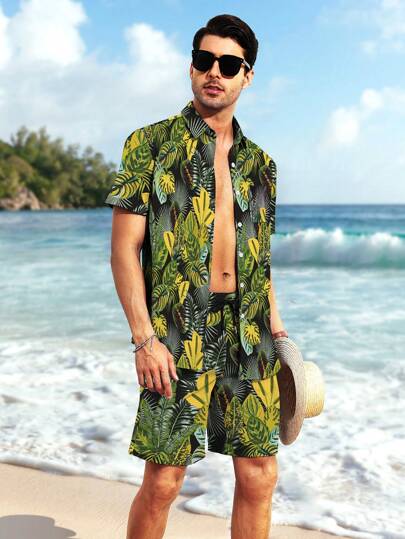 Men's Hawaiian Shirt And Short Set Flower 2-Pieces Beach Outfit