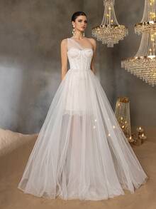 Faeriesty Elegant Classic Bridal Gown With One-Shoulder Sweetheart Neckline, Intricate Lace Bodice And Sheer Flowing Tulle Skirt – Romantic Wedding Dress For Church, Garden, Beach & Ballroom Ceremonies - White - View 7