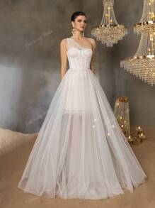 Faeriesty Elegante vestido de novia clásico con escote corazón de un hombro, intrincado corpiño de encaje y falda de tul fluida - Vestido de boda romántico para ceremonias en iglesia, jardín, playa y salón de baile