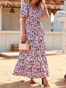 Women's Dress, Puffed-Sleeve Floral Casual Summer Dress, Pleated Back, Beach Flowing, Layered Long Sundress - 黑底粉花色 - 查看 4