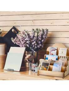 1pc Wooden Greeting Card Display Stand, Multipurpose Tiered Shelf Organizer For Posters, Notecards, Cosmetics, Office Memo & Business Card Storage Rack, Versatile For Various Room Types - Wood Color - View 4