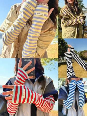 1 双宽松拼色条纹袖套，透气，防紫外线，适合夏季女士骑行、驾驶、运动，轻薄宽松袖套