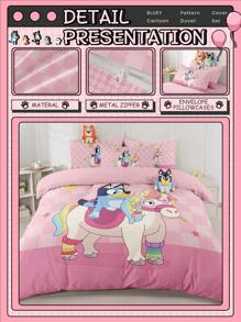 Bluey Juego de funda nórdica de 2/3 piezas con estampado de Bluey y unicornio, juego de ropa de cama acogedor y transpirable, piel amigable y cómodo, juego de edredón estilo dibujos animados, suave y anti-pilling, adorable textil para el hogar, decoración de la habitación de Bluey, de vuelta a la escuela