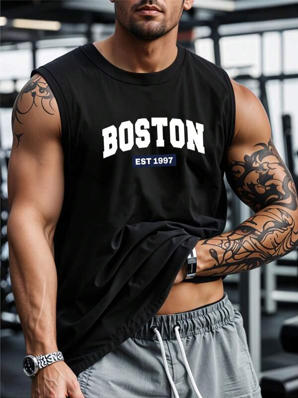 Canotta sportiva da uomo, canotta nera senza maniche a collo tondo, canotta con stampa del motivo BOSTON, adatta per il tempo libero quotidiano, lo sport, il fitness