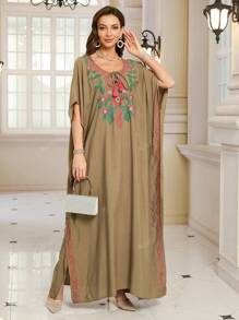 Women's Elegant Embroidered Dress Plus Size Bohemian Batwing Sleeves Dubai Abaya Casual Holiday Dresses Outfits