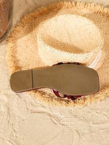 صنادل مسطحة نسائية صيف 2025 الجديدة مع زخرفة فيونكة ، بلون أحمر أنغولا ، ذات أصبع مربع ، تصميم واضح - عنابي اللون - مشاهدة 5