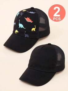 2pcs Baby Outdoor Sun Protection Dinosaur Print Baseball Cap With Breathable Mesh - Black - View 1