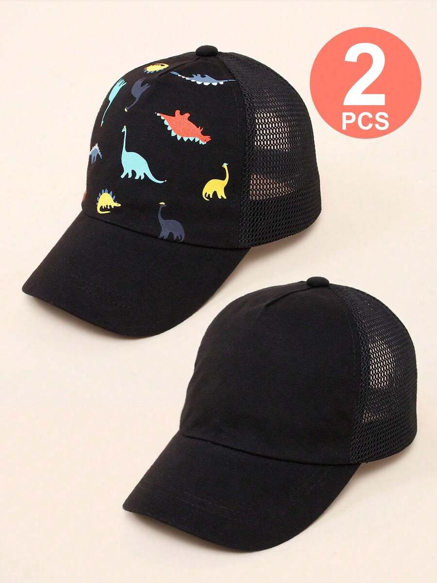 2pcs Baby Outdoor Sun Protection Dinosaur Print Baseball Cap With Breathable Mesh - Black - View 1