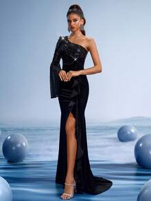 GIFORU Luxury Black Velvet Evening Gown, Wedding Guest Dress With Sparkling Sequins, Beach Wedding Prom Dress For Formal Events, Summer 2025, Party Dress - Black - View 9