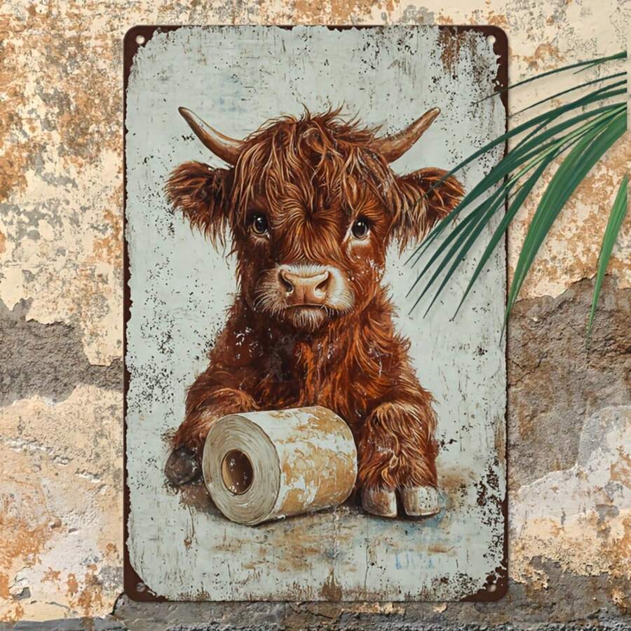 1 件复古高地牛金属锡牌 - 8 x 12 英寸，乡村风格墙饰，做旧效果，适用于浴室、家居、男士休闲室、花园、农舍、酒吧、咖啡馆、西部风格家居装饰，随机孔洞款式 - 彩色 - 查看 1