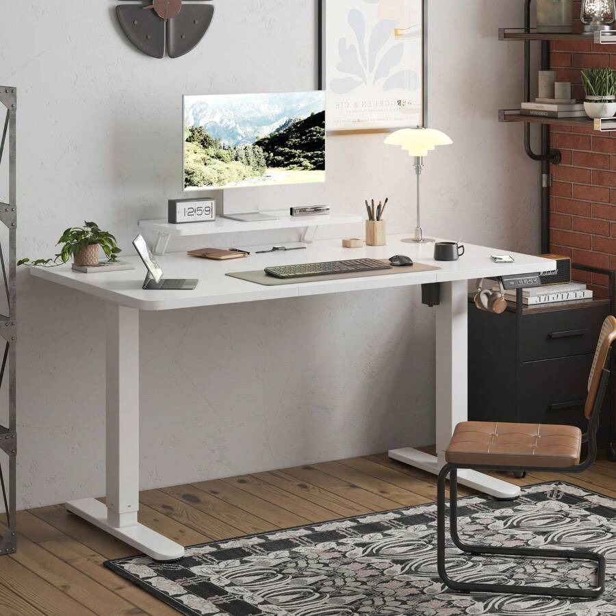 Escritorio Gunji de altura ajustable de 120/140/160 cm con soporte para monitor, escritorio ergonómico para oficina en casa, mesa de oficina