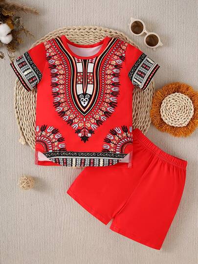 Young Boys' Printed Round Neck Short Sleeve Top With Split Hem + Shorts Set