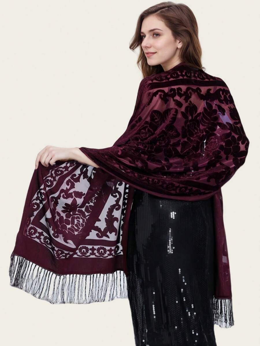 1pc Women's Rose Jacquard Velvet Tassel Scarf, Fashion Elegant Shawl, Versatile For Dance, Party, Festival, High-End Ladies Premium Scarf