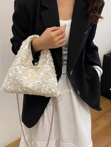 女士时尚托特包、水桶包、时尚简约优雅奢华派对亮片装饰单肩包，配金属链条，白色 - 白色 - 查看 6