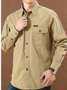 Men's Casual Cotton Cargo Shirt, Long-Sleeved Shirts For Camping And Hunting, Military Combat Shirt, Shirts For Hiking, Fishing, Hunting Clothes - 卡其色 - 查看 7