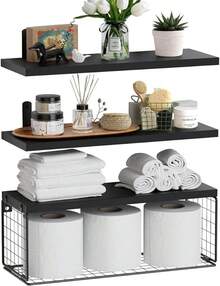 DAHAN 3 Piezas Estantes Flotantes con Cesta de Alambre, Soporte de Fijación de Metal en Forma de L, Flotantes de Pared para Bormitorio, Estudio, Cocina, Baño y Salón (Negro) - Negro - Ver 1