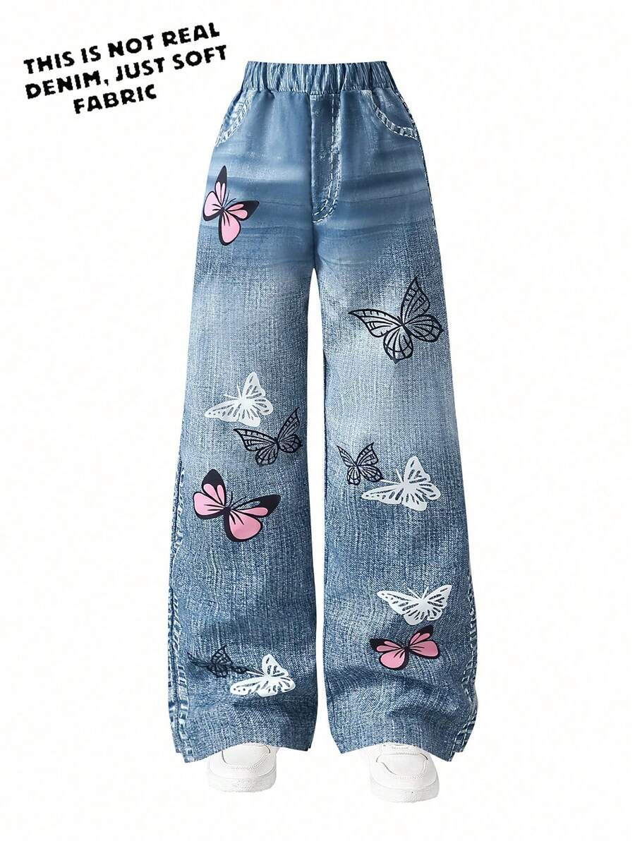 Pantalones largos casuales con estampado de mariposas para niñas preadolescentes, cómodos para usar a diario, de viaje o al aire libre, para primavera/verano - Azul - Ver 1