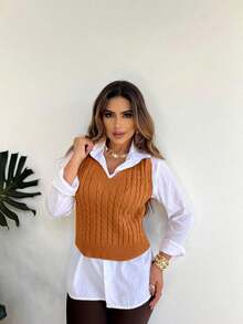V-Neck Braided Knit Sweater Vest - Rust - View 3