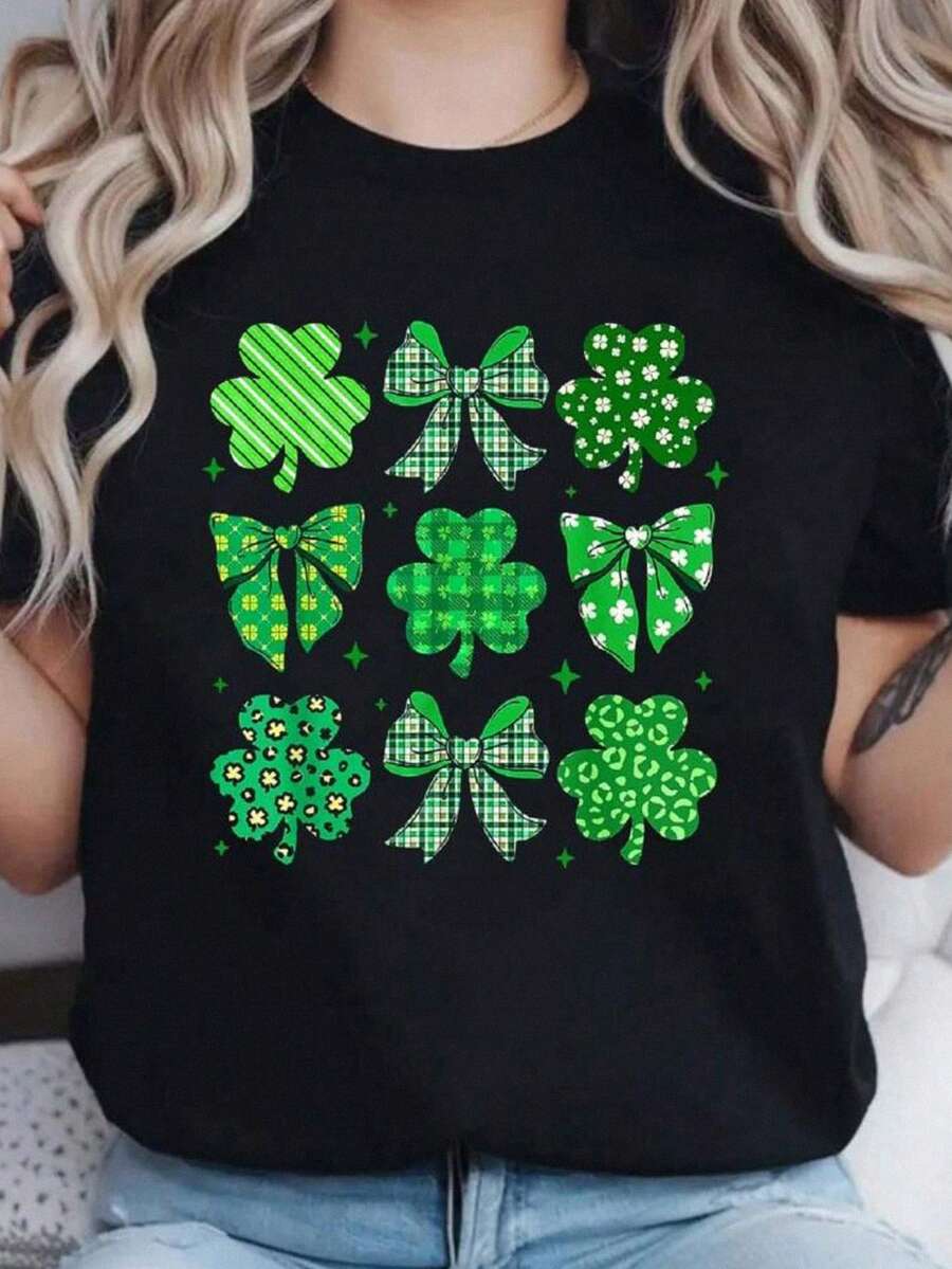 可穿至 60 磅圣帕特里克节俏皮图案印花 T 恤，夏季和春季短袖圆领休闲上衣，女士服装 - 黑色 - 查看 1