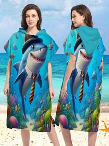 1pc Shark Hooded Poncho Changing Robe, Microfiber Wearable Beach Towel, Suitable For Surfing, Swimming, Bathing, Outdoor Sports, Adult Hooded Towel Cloak Robe - Multicolor - View 9
