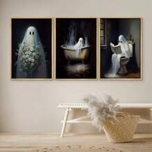 3 Carteles de lona de Halloween, retrato de fantasma retro de Halloween con flores, pintura de arte de pared para el dormitorio, sala de estar, pasillo del hogar, con opción de marco