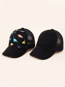2pcs Baby Outdoor Sun Protection Dinosaur Print Baseball Cap With Breathable Mesh - Black - View 2