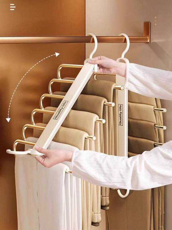 1 pieza Percha de pantalones plegable de alta calidad - Percha de plástico de varias capas, ahorro de espacio con mango antideslizante, material grueso de acero inoxidable, de gran resistencia, adecuada para uso doméstico y en dormitorios, puede colgar 6 pantalones