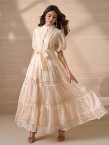 Elegant Flower Lace Splice Full Opening Button Decor Women A-Line Dress - Apricot - View 4