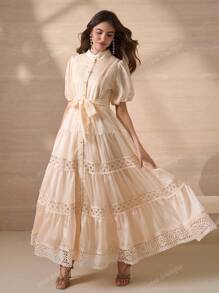 Elegant Flower Lace Splice Full Opening Button Decor Women A-Line Dress