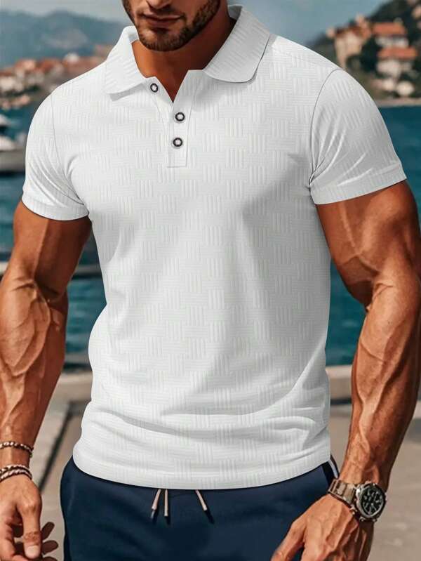 Summer Men's Casual Short Sleeve Polo Shirts - Breathable, Moderate Stretch Polyester Fabric, Button Front, Regular Fit, High Quality