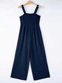 Acelitt Women's Solid Color Square Neck Pleated Patchwork Pocket Casual Vacation Loose Wide Leg Sleeveless Jumpsuit, Summer - Navy Blue - View 6