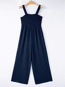 Acelitt Summer Women's Solid Color Square Neck Chest Diagonal Pleated Patchwork Pocket Casual Vacation Loose Wide Leg Sleeveless Suspender Jumpsuit