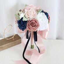Bridesmaid Bouquet For Wedding, Dusty Rose And Navy Blue Flowers Wedding Bouquet Bridesmaid Tossing Bouquet For Wedding Ceremony Anniversary Bridal Shower Party Decoration, Pink&Blue - 藕粉色 - 查看 5