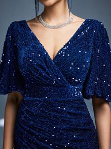 V-Neck Velvet Embroidered Sequins 3/4 Sleeve Front Slit High-End Evening Dress