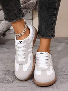 女士白色运动鞋，休闲厚底帆布鞋，防滑厚底皮革学生鞋 - 彩色 - 查看 5