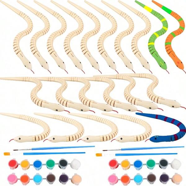 Bulk Wooden Flexible Snake Unfinished Wooden Wiggle Snakes, 12 Colors Acrylic Craft Paint & 2 Brushes Set, For Arts & Crafts, Party Reptile Toy Pranks,Back To School,School Supplies