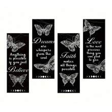 4 Pc Black Butterfly Square Wooden Wall Decor Set - Believe Dream Faith Love Symbol - Suitable For Living Room, Bedroom, Classroom, Bar, Cafe, Party Wall Hanging Decor, Holiday Gift