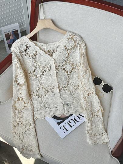 镂空针织披肩短款开衫外套，长袖，优雅外套