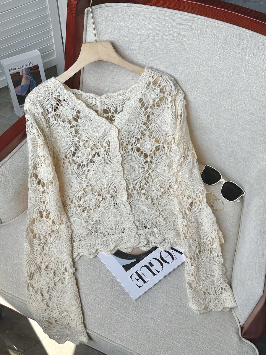 镂空针织披肩短款开衫外套，长袖，优雅外套