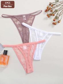 3pcs Plus Size Women's Sexy Lace Design Underwear Sets, Comfortable Solid Color Texture G-String Panties & Bras, Valentine's Style - Multicolor - View 2