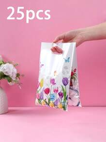 25 Stücke Tulpen Blumen Geschenktüte, frühlingshaftes Party Handtäschchen, Party Snack Rückgabe Geschenkverpackung Süßigkeitenverpackung, mit hellem Blumenmuster, 9.84* 6.49-Inch Verpackungstasche, geeignet für Feste, Geburtstage, Hochzeiten und Partys (Farbmischung)