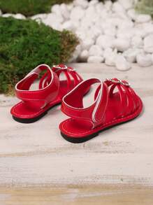 1 Pair Red European & American Fashion Children Girls Cross Strap Solid Color Hook And Loop Sandals, Lightweight Outdoor Casual Vacation, Summer New Arrival 2025