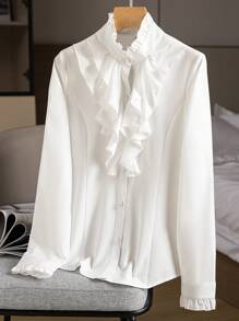 Women White Shirt, Small And Stylish Design, Slim Fit, Small Stand Collar, Professional Dress Shirt For Spring And Autumn, Long-Sleeved Chiffon Top